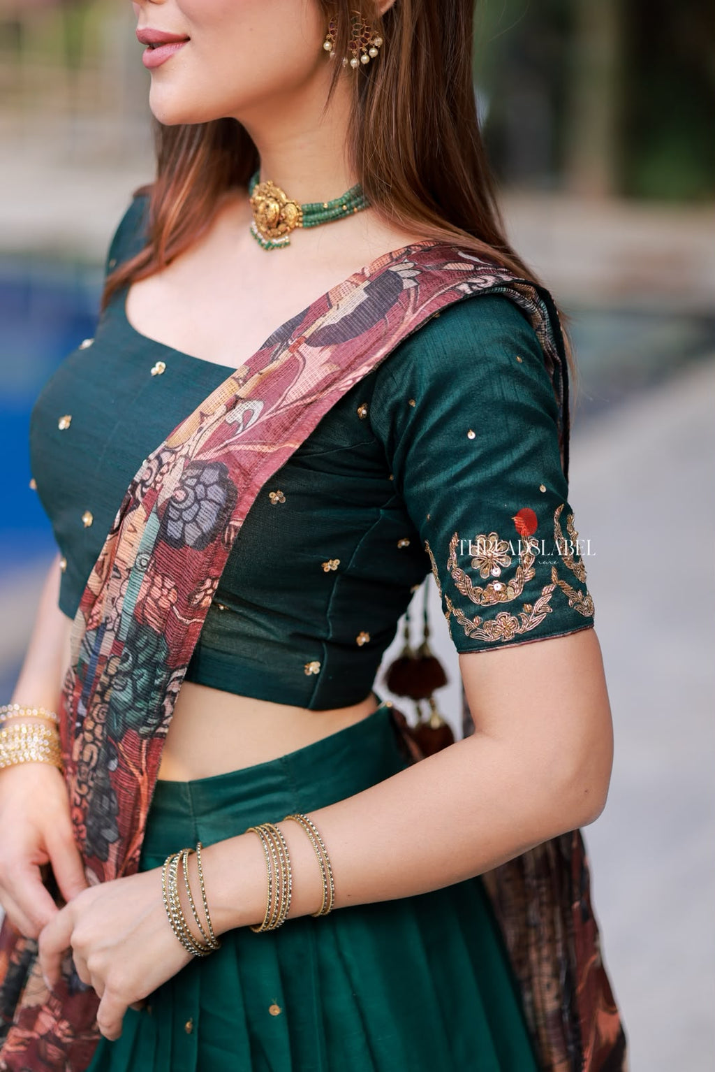 Green kalamkari handwork lehenga