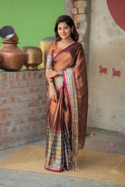 Copper soft tissue saree with handwork blouse