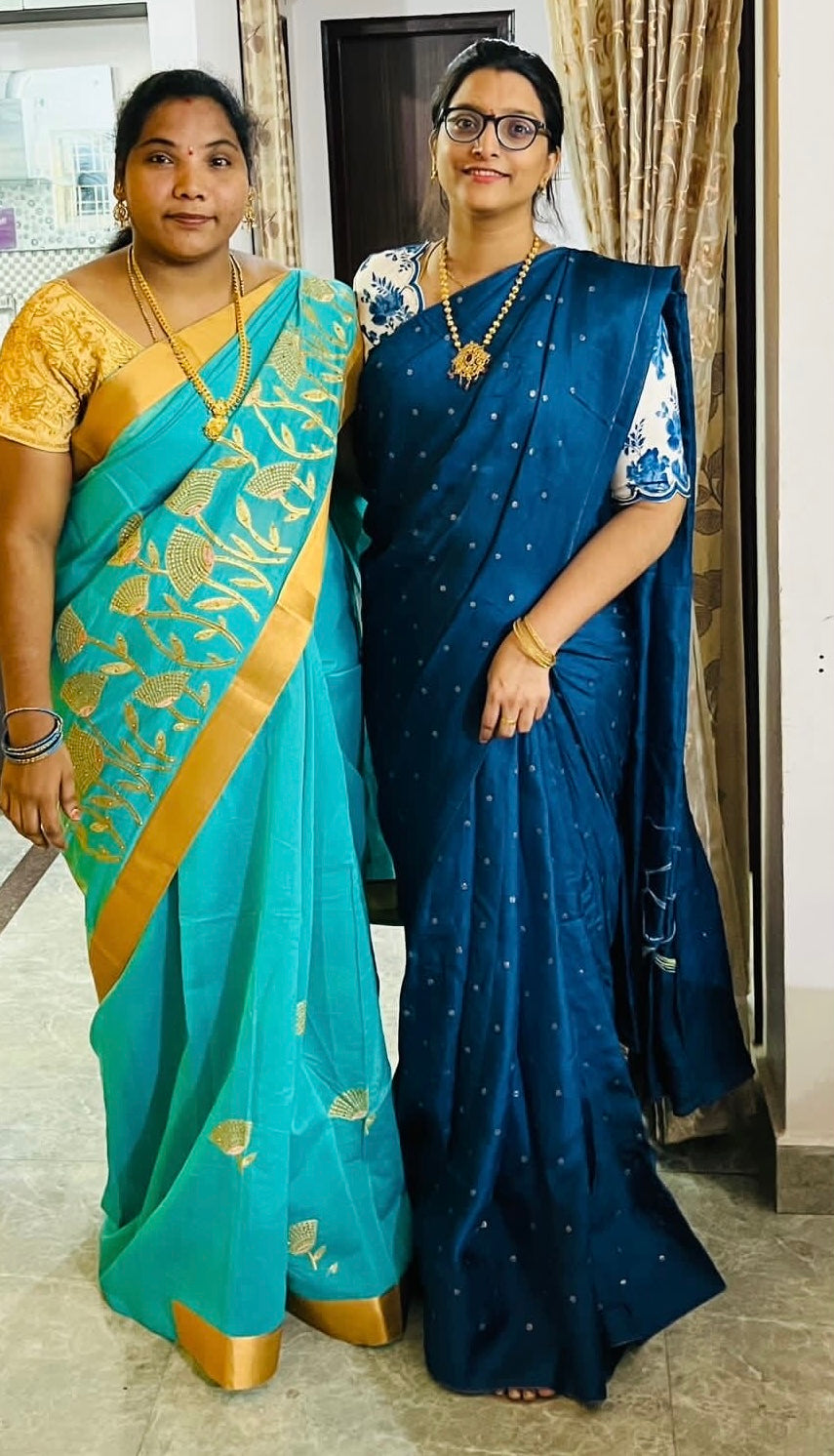 Aegean blue jute saree with white handmade blouse