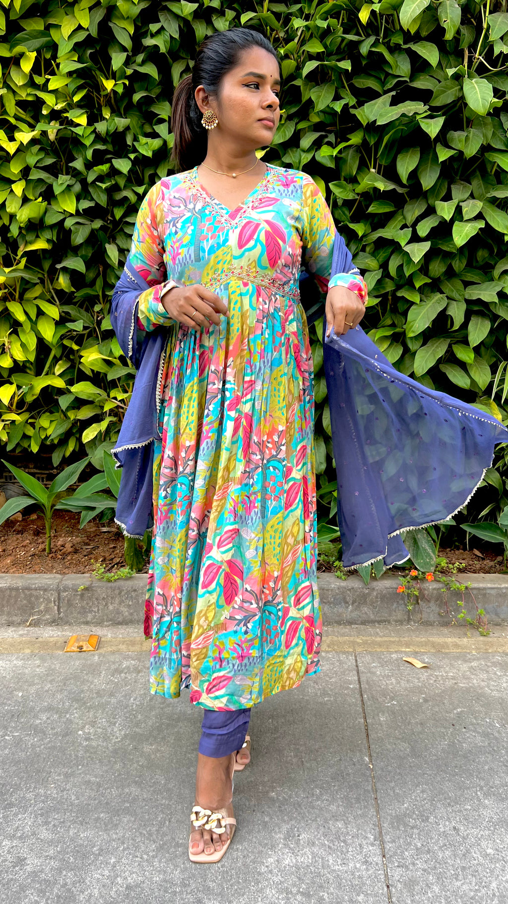 Blue muslin floral printed 3 piece alia cut kurti suit