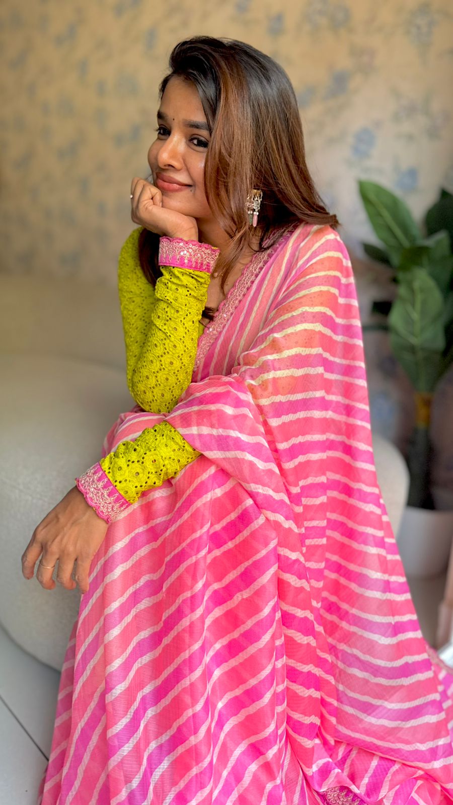 Pink lehariya saree with green hakoba embroidery blouse