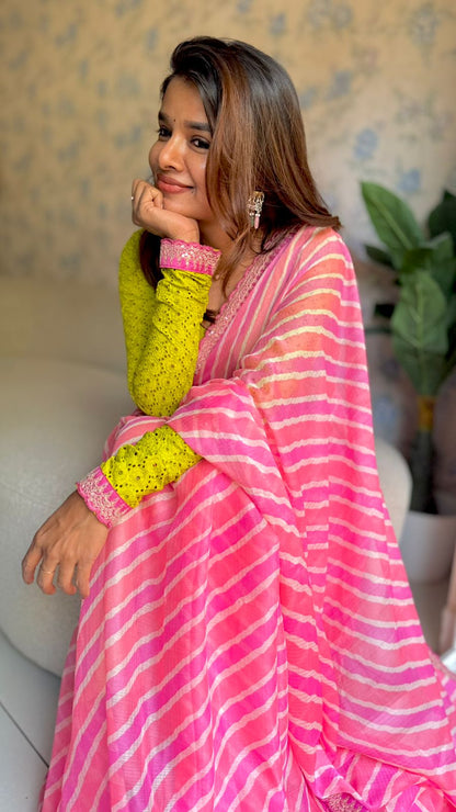 Pink lehariya saree with green hakoba embroidery blouse