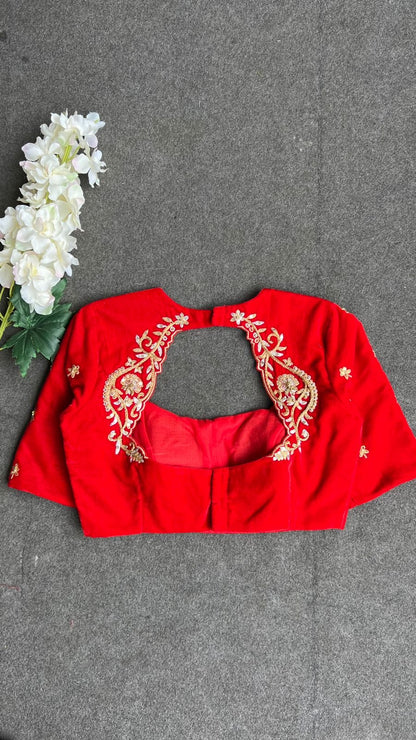 Red velvet heavy hand work blouse