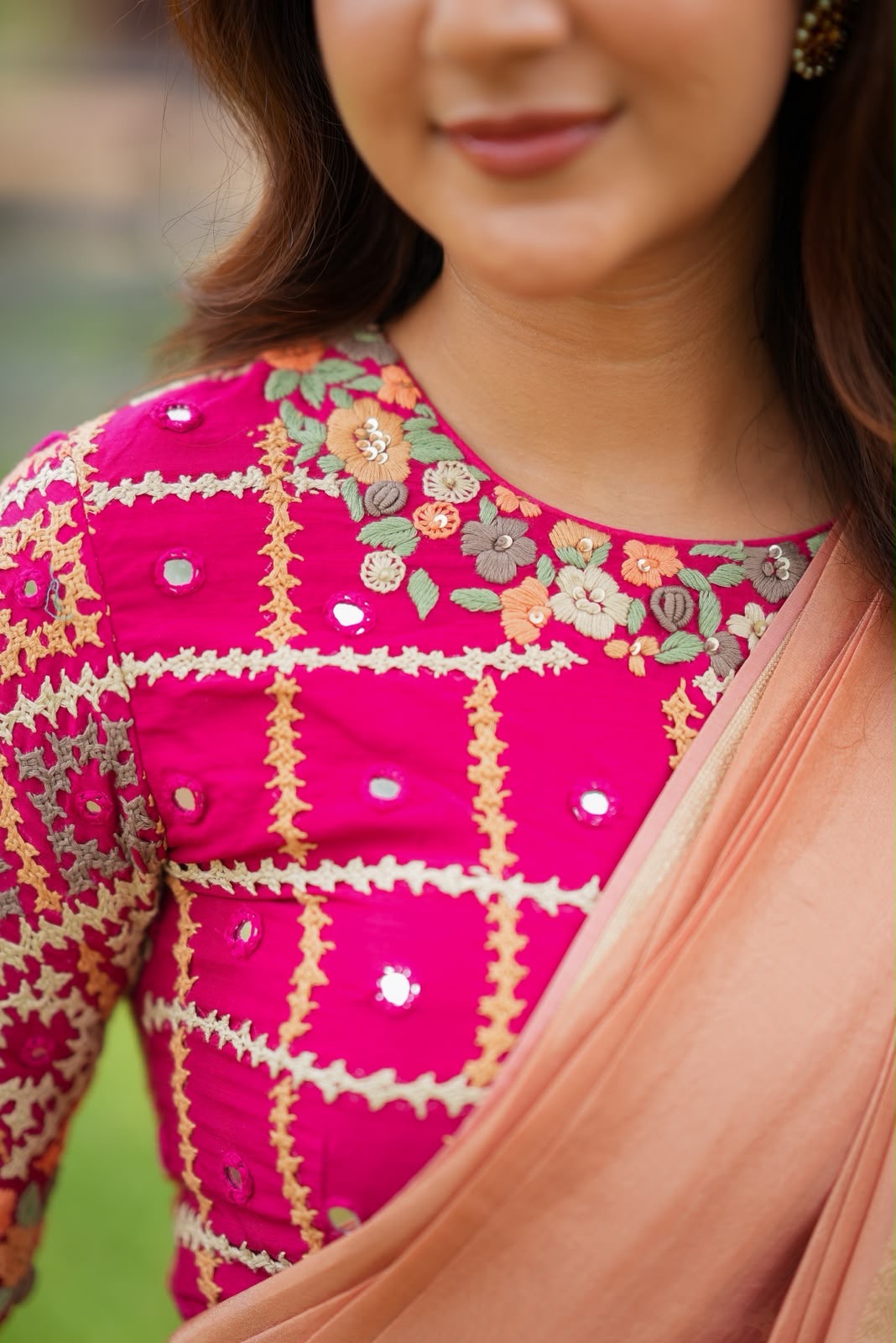 Peach banarasi saree with silk hand work blouse