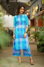 Blue checked cotton 2 piece kurti