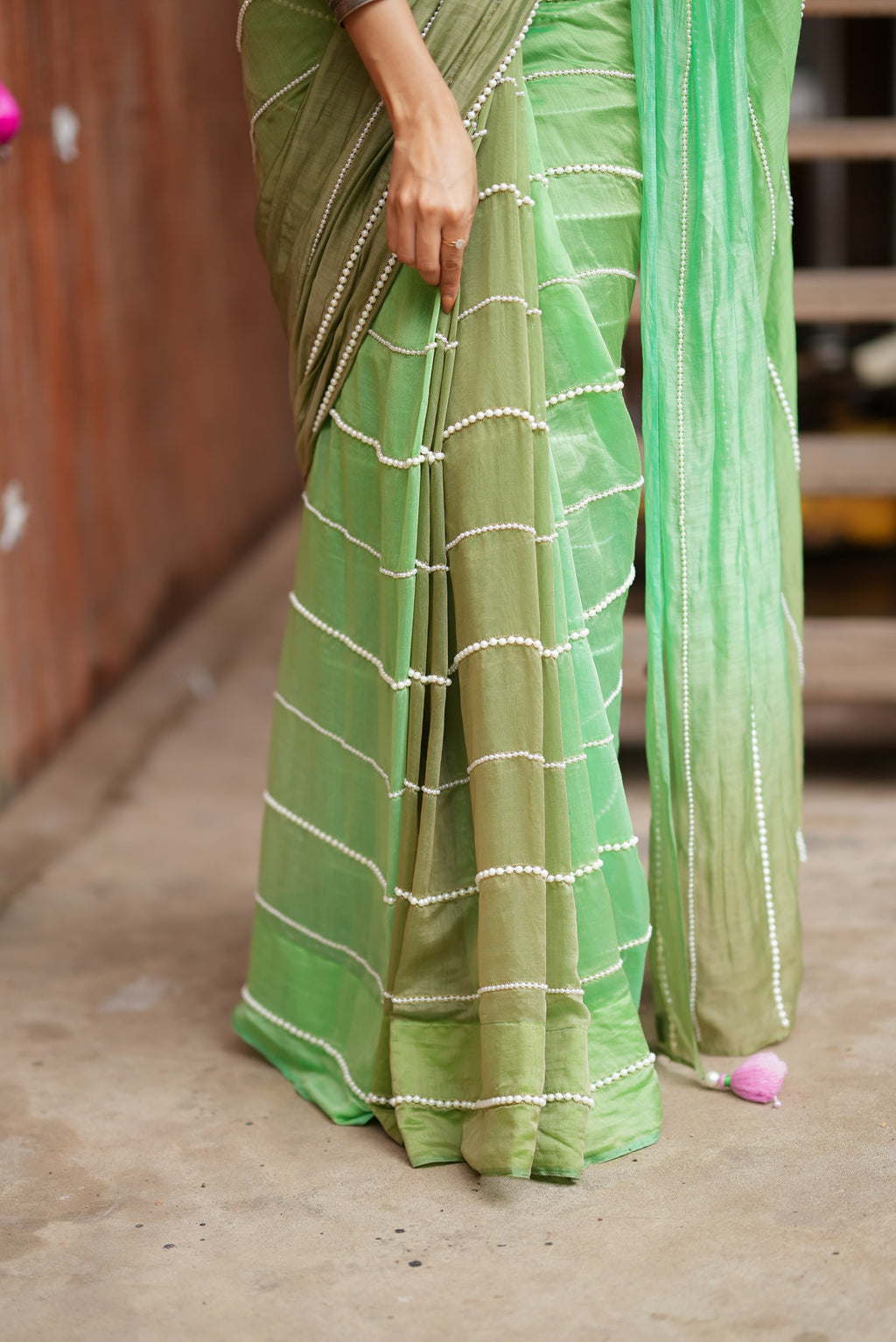 Multi Green Mul Chanderi Saree with Handwork Blouse