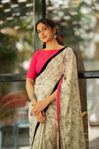 Half white mul cotton kalamkari saree with handwork blouse