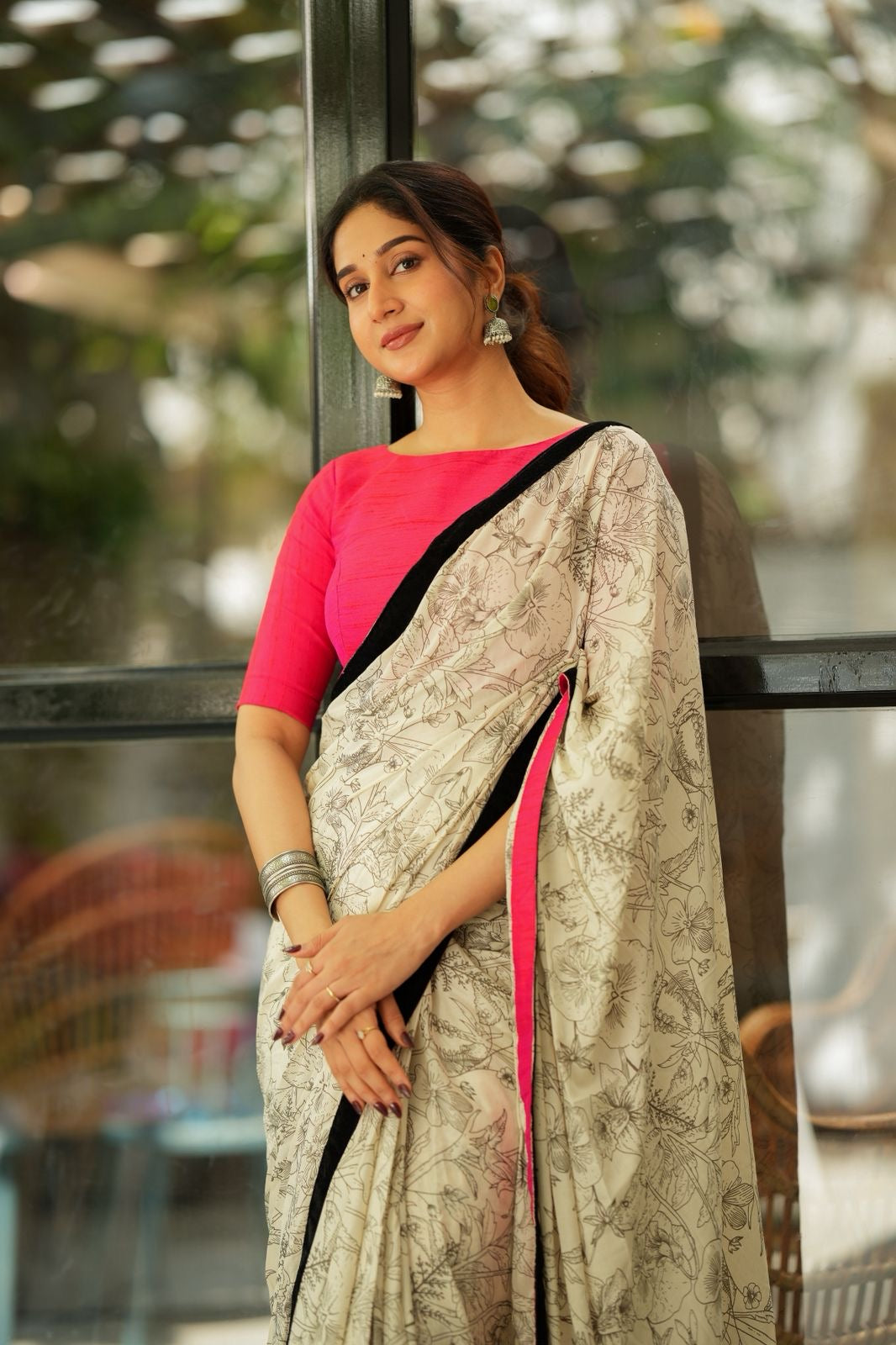 Half white mul cotton kalamkari saree with handwork blouse