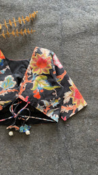 Black floral printed cotton blouse