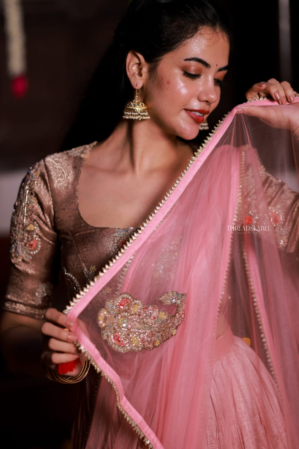 Pink marble silk lehenga with handwork blouse
