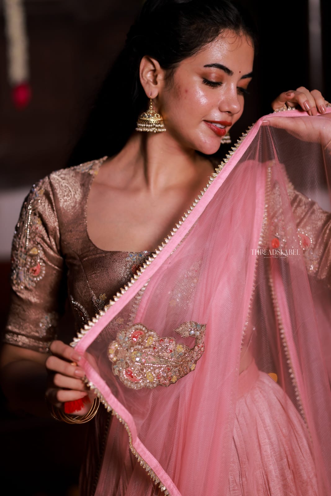 Pink marble silk lehenga with handwork blouse