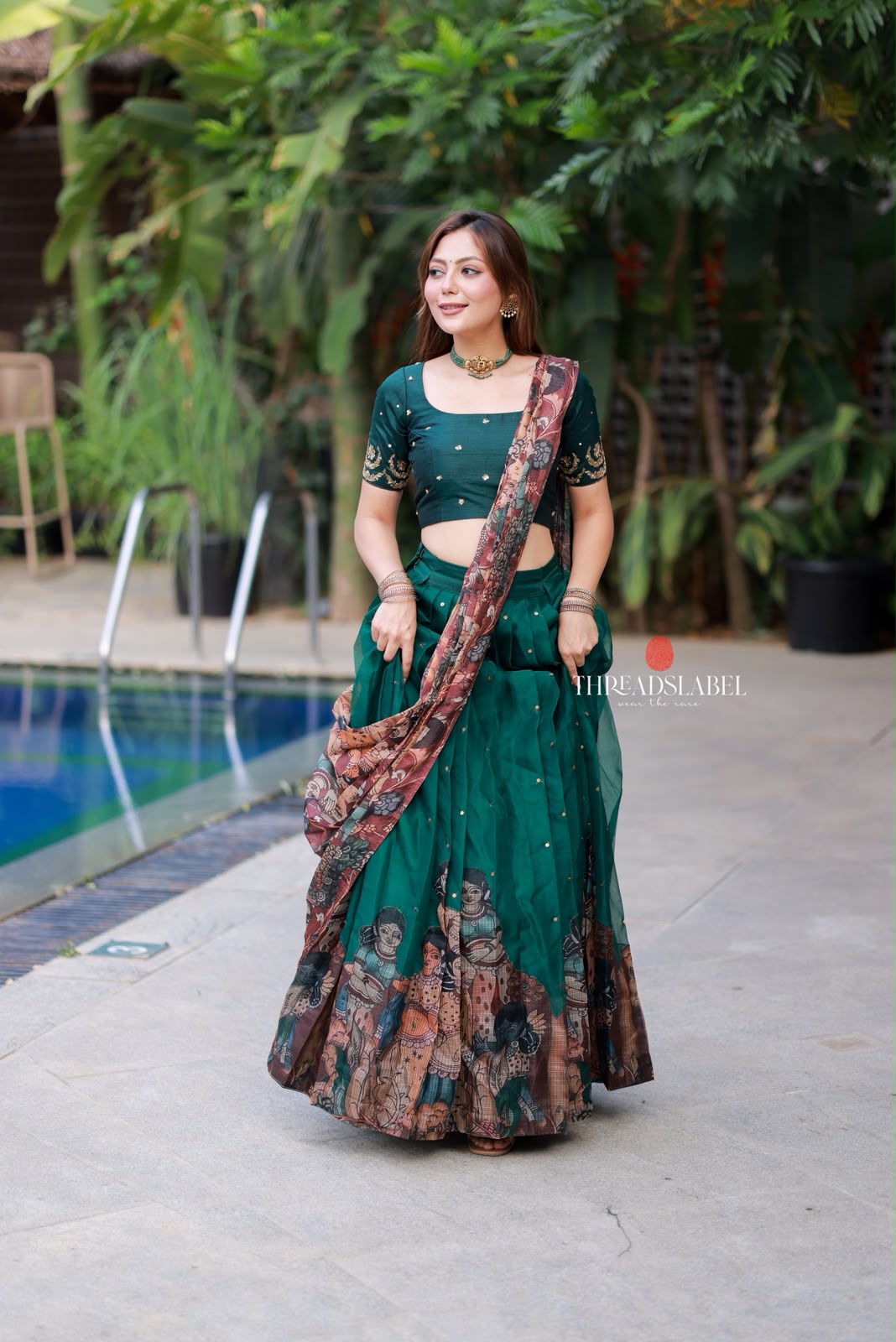 Green kalamkari handwork lehenga