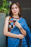 Blue mul chanderi saree with mirror work blouse