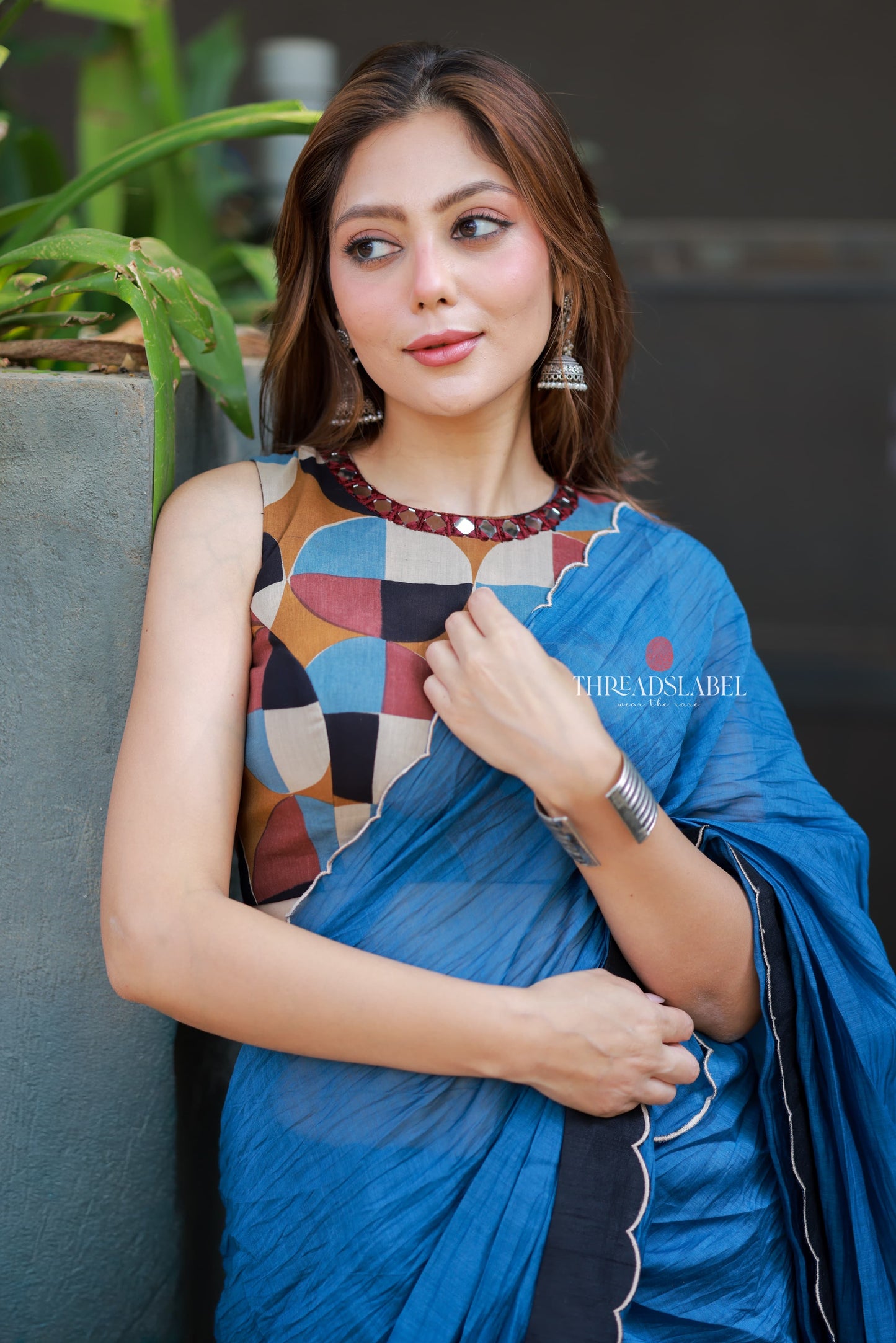 Blue mul chanderi saree with mirror work blouse