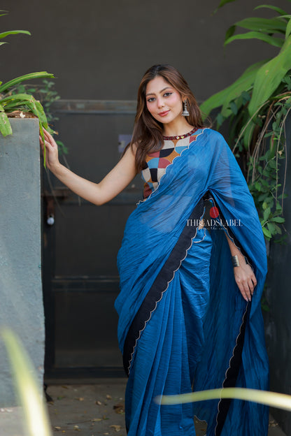 Blue mul chanderi saree with mirror work blouse