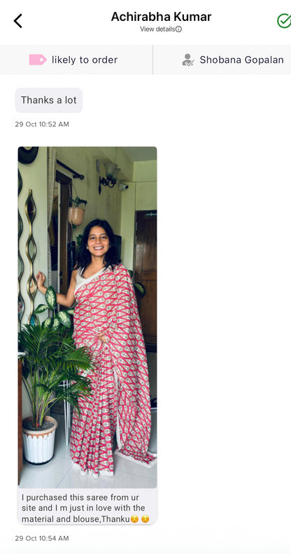 Pink cotton saree with half white embroidery blouse