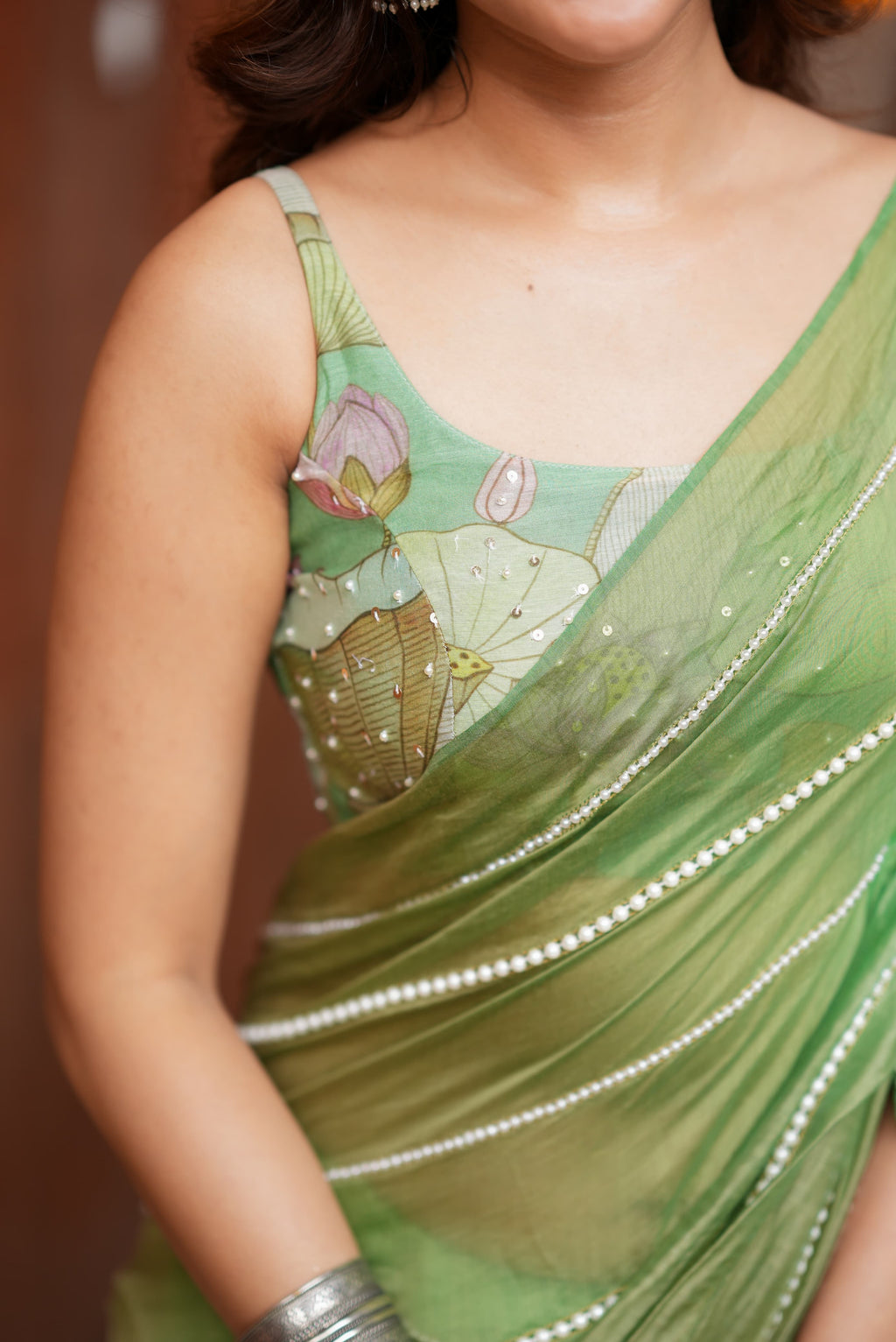 Multi Green Mul Chanderi Saree with Handwork Blouse