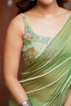 Multi Green Mul Chanderi Saree with Handwork Blouse