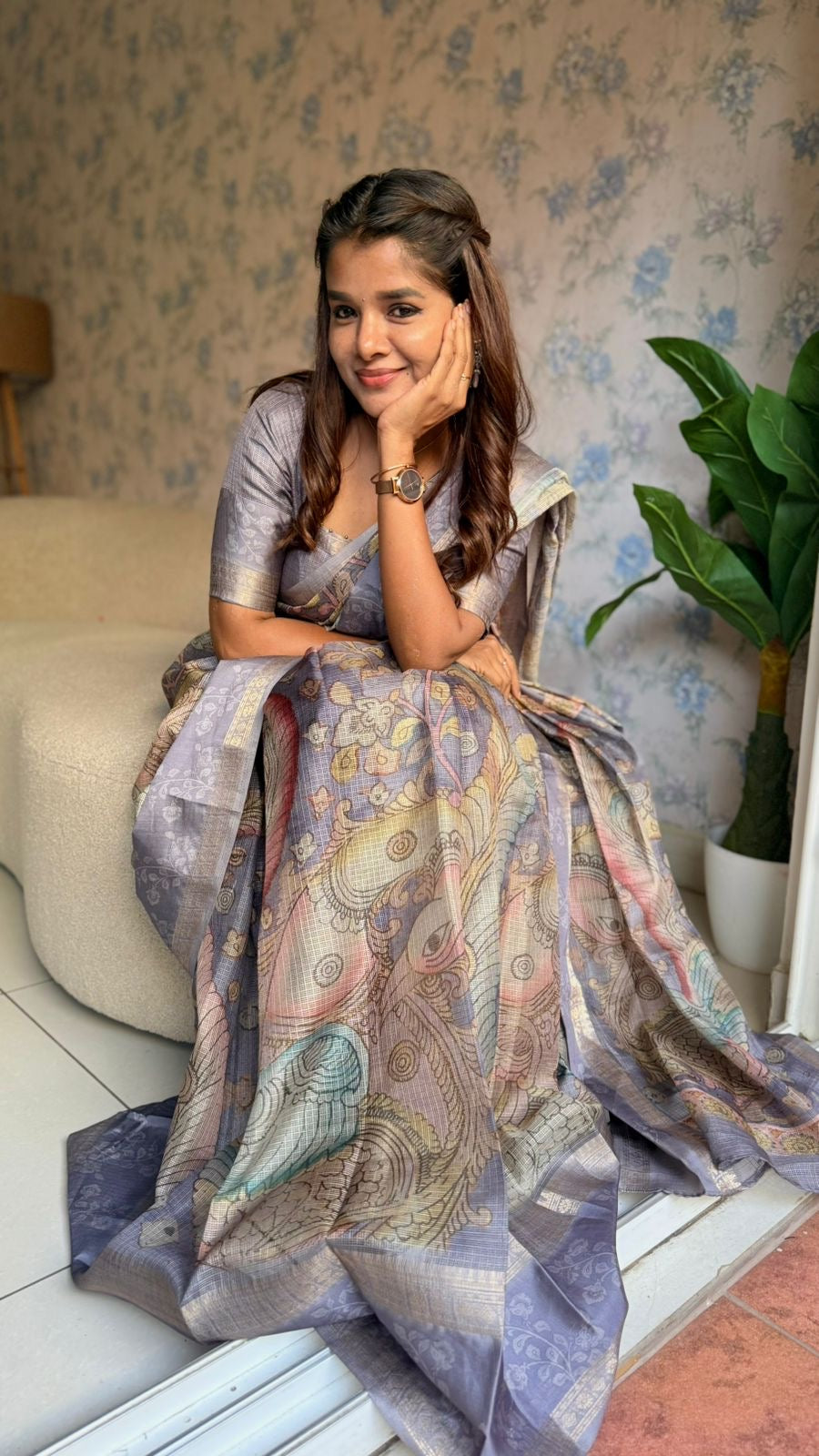 Smokey grey linen cotton kalamkari saree with pearl work blouse