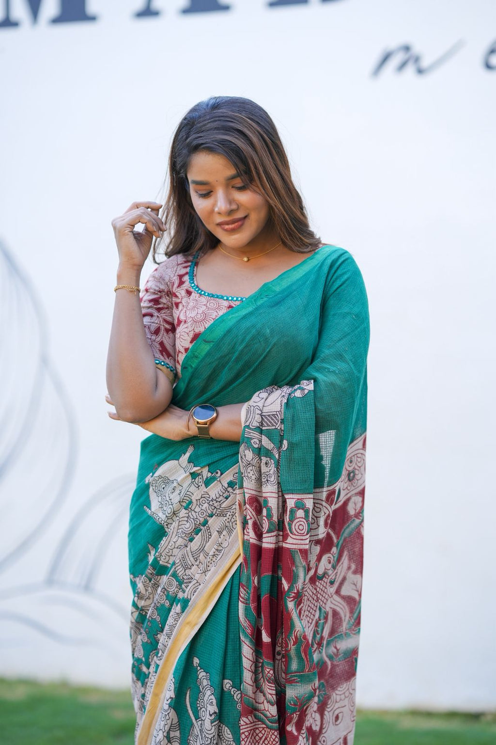 Green kota saree with kalamkari work blouse