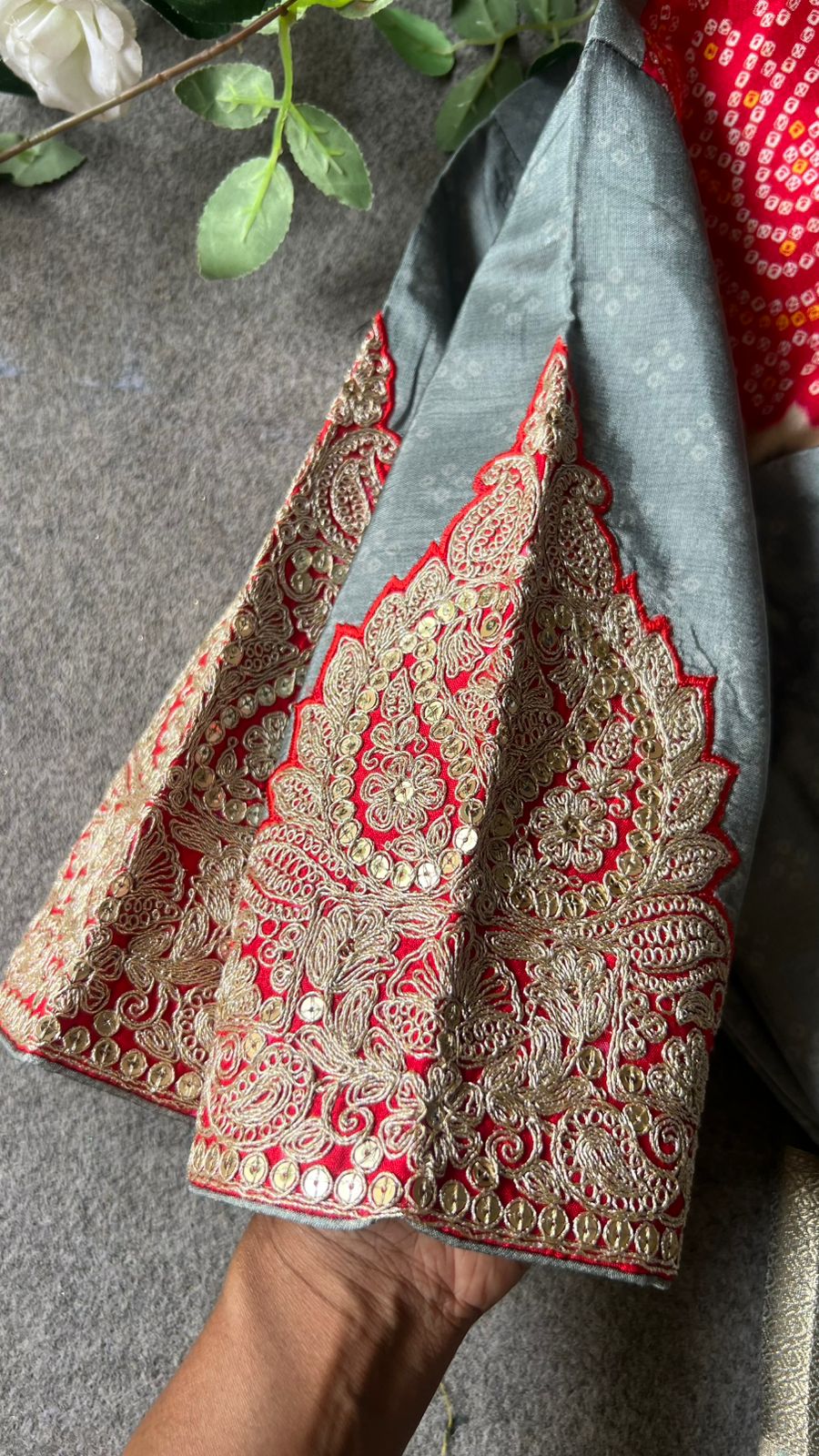 Grey banarasi saree with heavy embroidery blouse