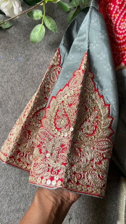 Grey banarasi saree with heavy embroidery blouse