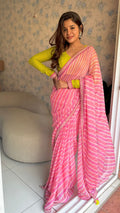 Pink lehariya saree with green hakoba embroidery blouse
