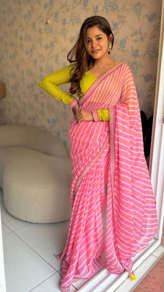 Pink lehariya saree with green hakoba embroidery blouse