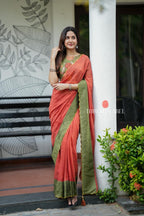 Orange rust mul cotton saree with kalamkari mirror blouse