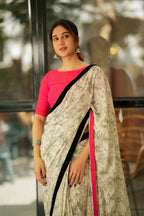 Half white mul cotton kalamkari saree with handwork blouse
