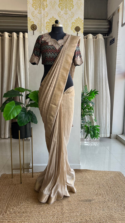 Golden cream tissue saree with ajrak embroidery blouse