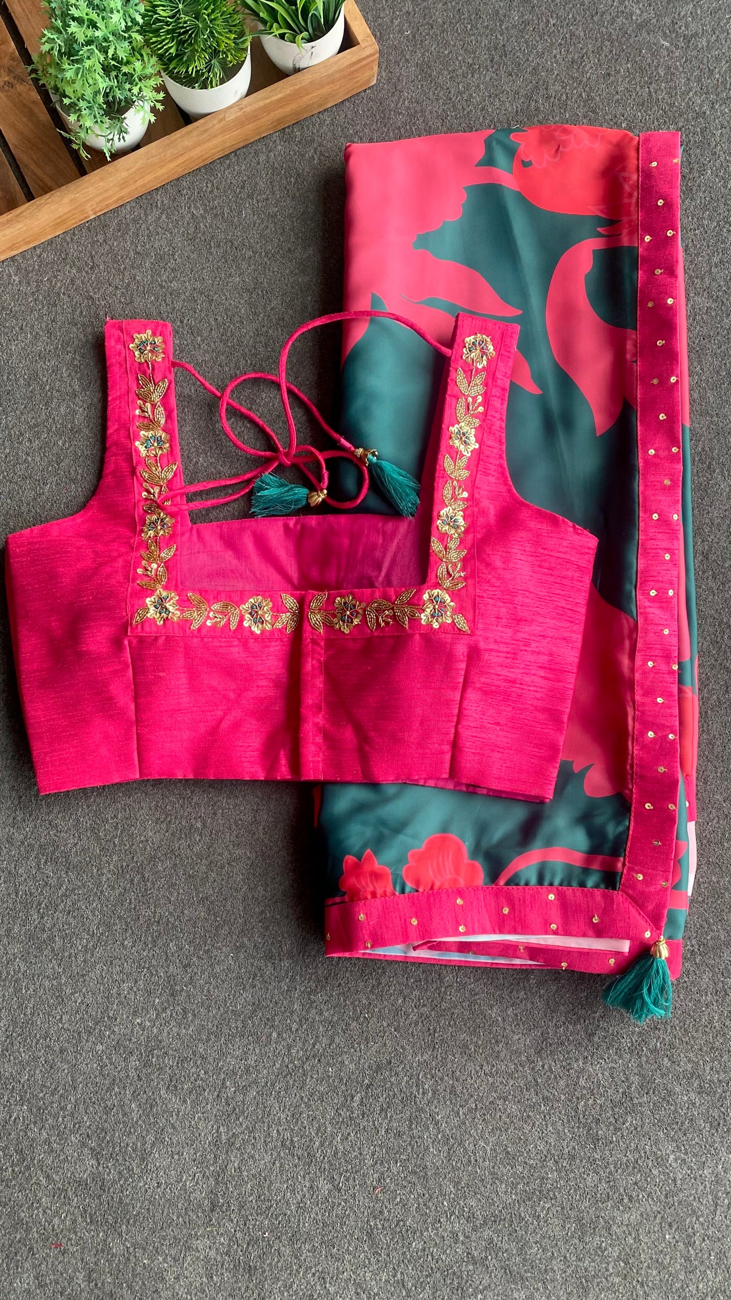 Peacock pink & green saree with green handwork blouse
