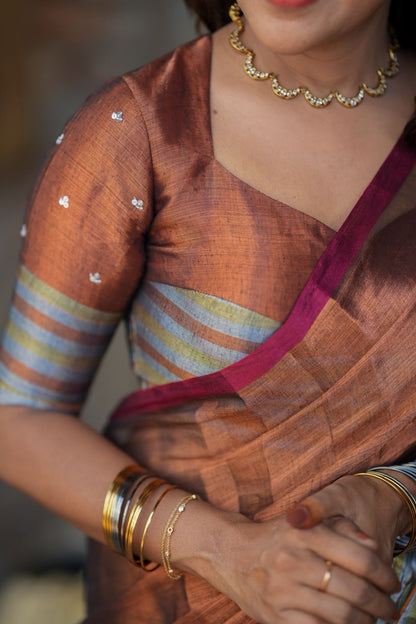 Copper soft tissue saree with handwork blouse