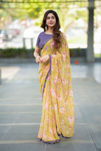 Mehandi green georgette saree with hand work blouse