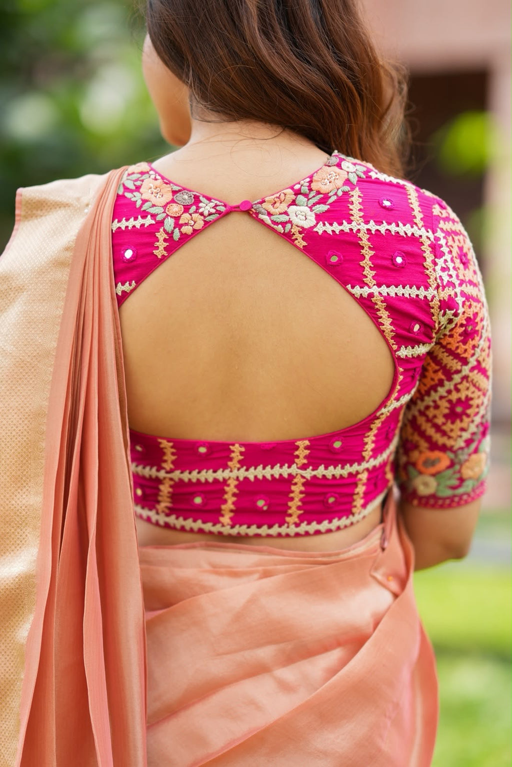 Peach banarasi saree with silk hand work blouse