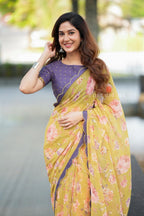 Mehandi green georgette saree with hand work blouse