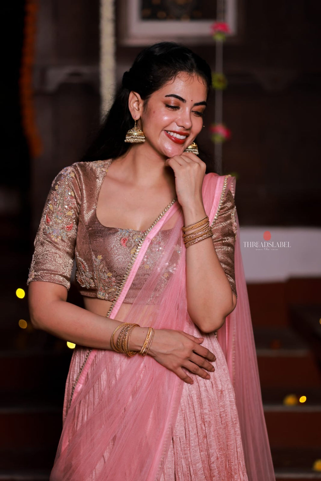 Pink marble silk lehenga with handwork blouse