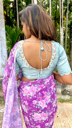 Purple floral georgette saree with hand worked blouse
