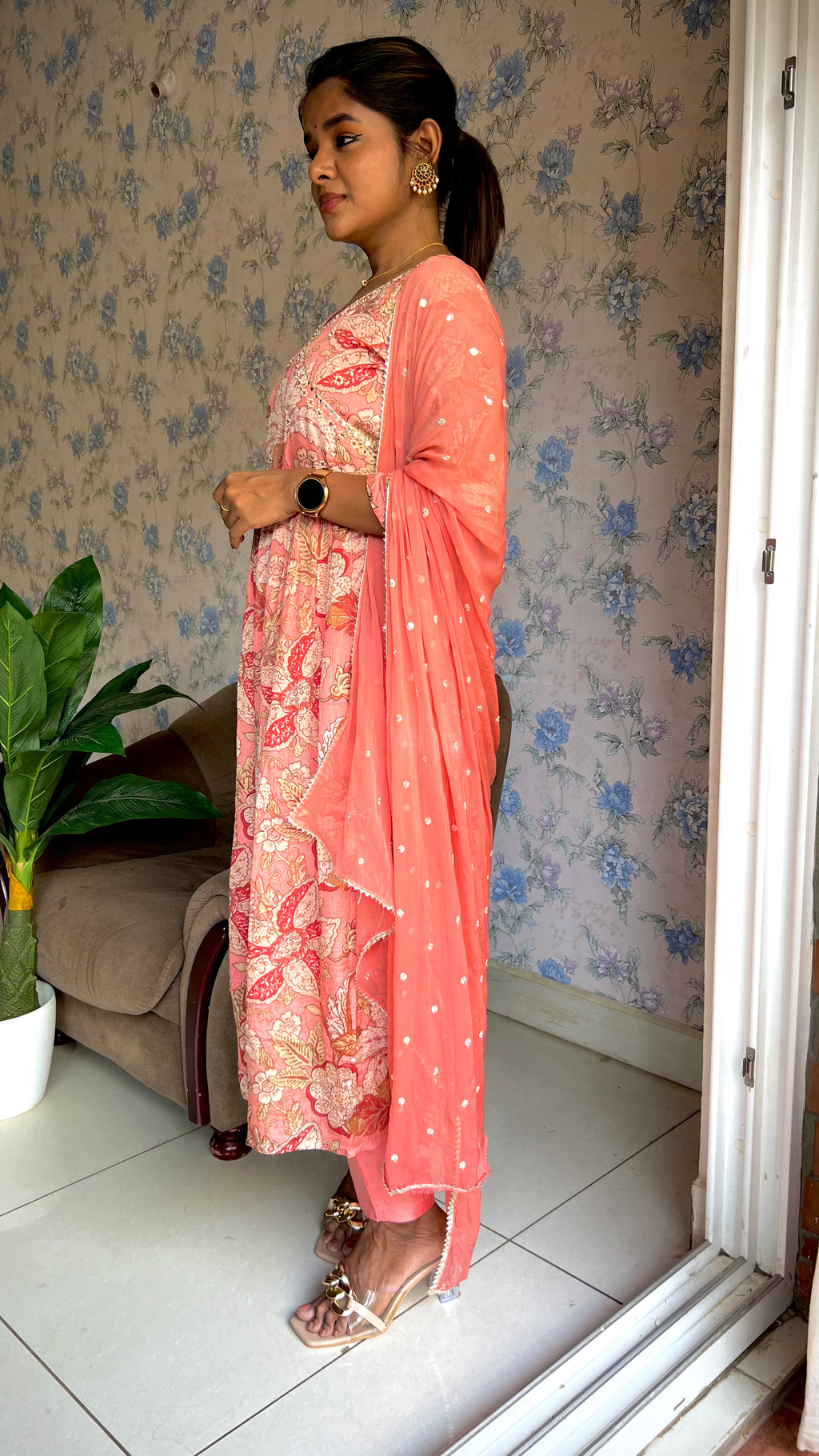 Peach Chinnon floral printed 3 piece kurti suit