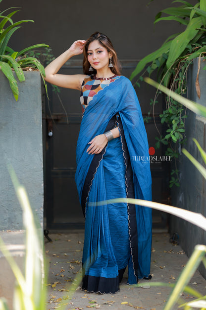 Blue mul chanderi saree with mirror work blouse