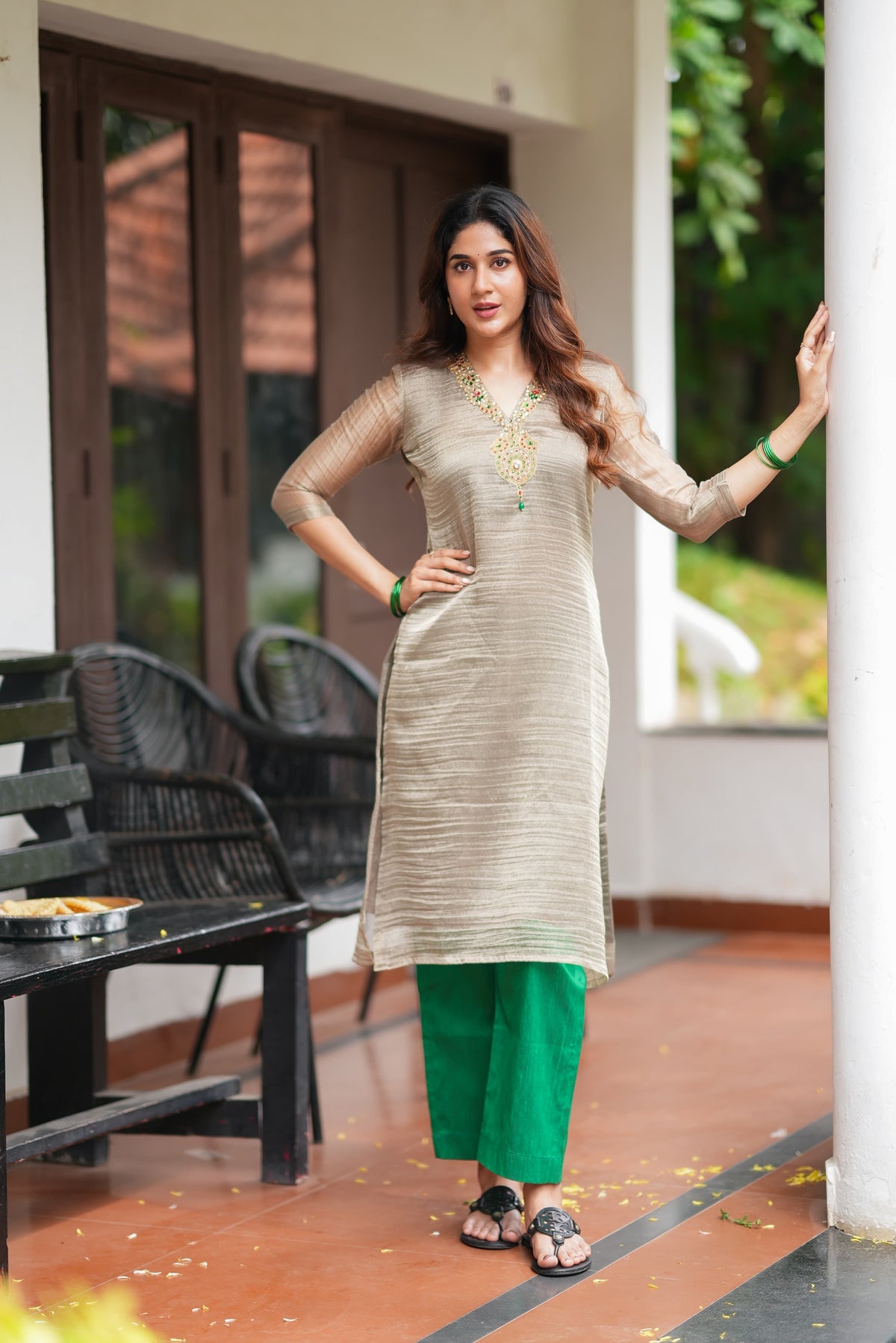 Silver tissue JEWEL NECK kurti