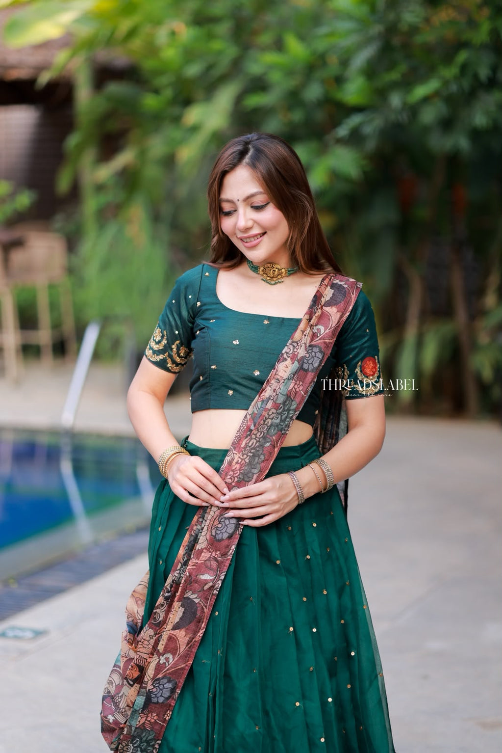 Green kalamkari handwork lehenga