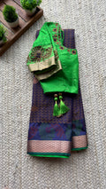 Deep purple and green silk saree with hand worked blouse