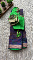 Deep purple and green silk saree with hand worked blouse