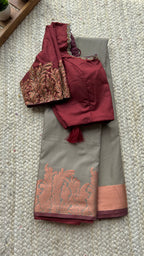 Grey and maroon silk saree with hand worked blouse