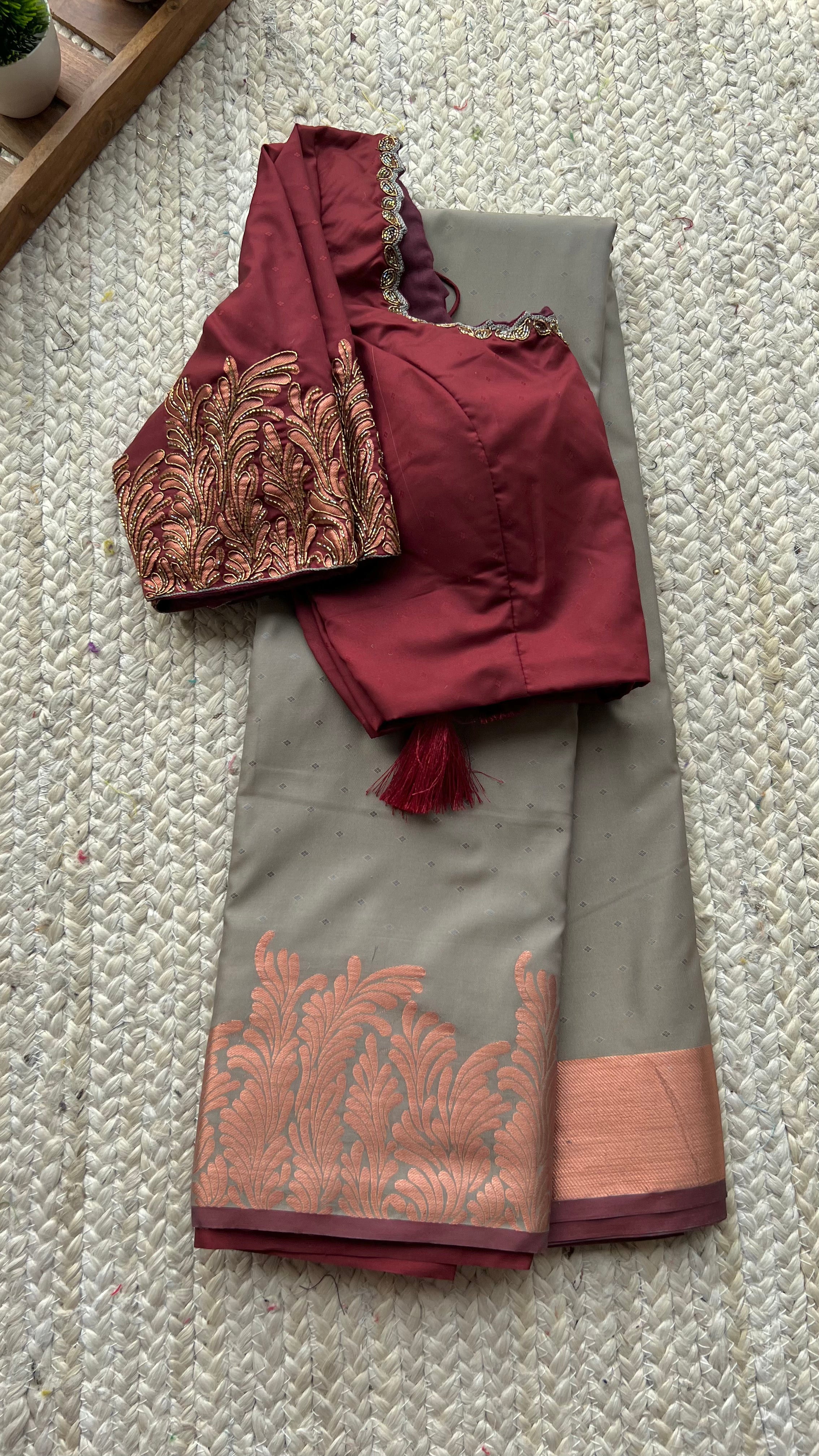 Grey and maroon silk saree with hand worked blouse