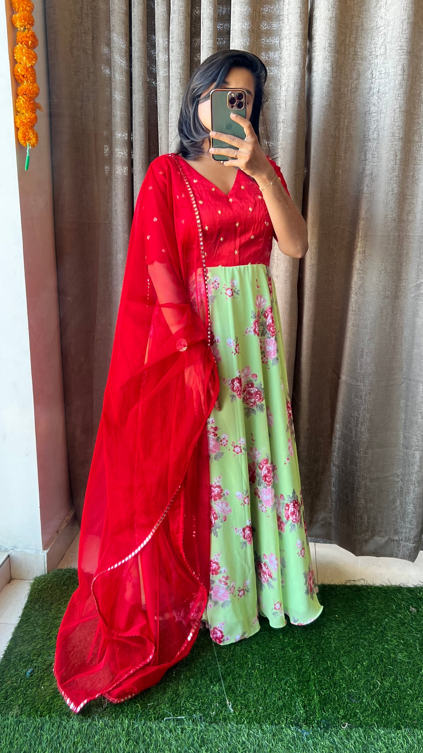 Green and red salwar suit of hand worked top and Duppata - Threads