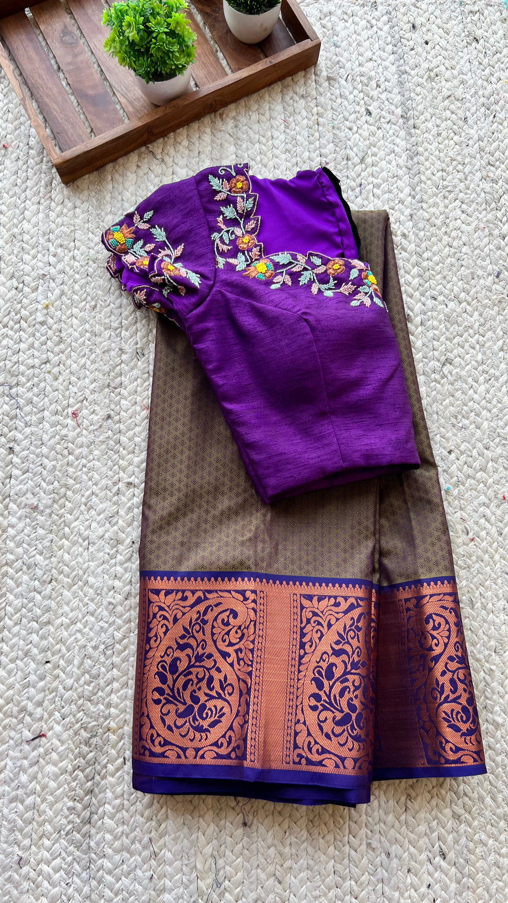 Chocolate brown silk saree with hand worked blouse