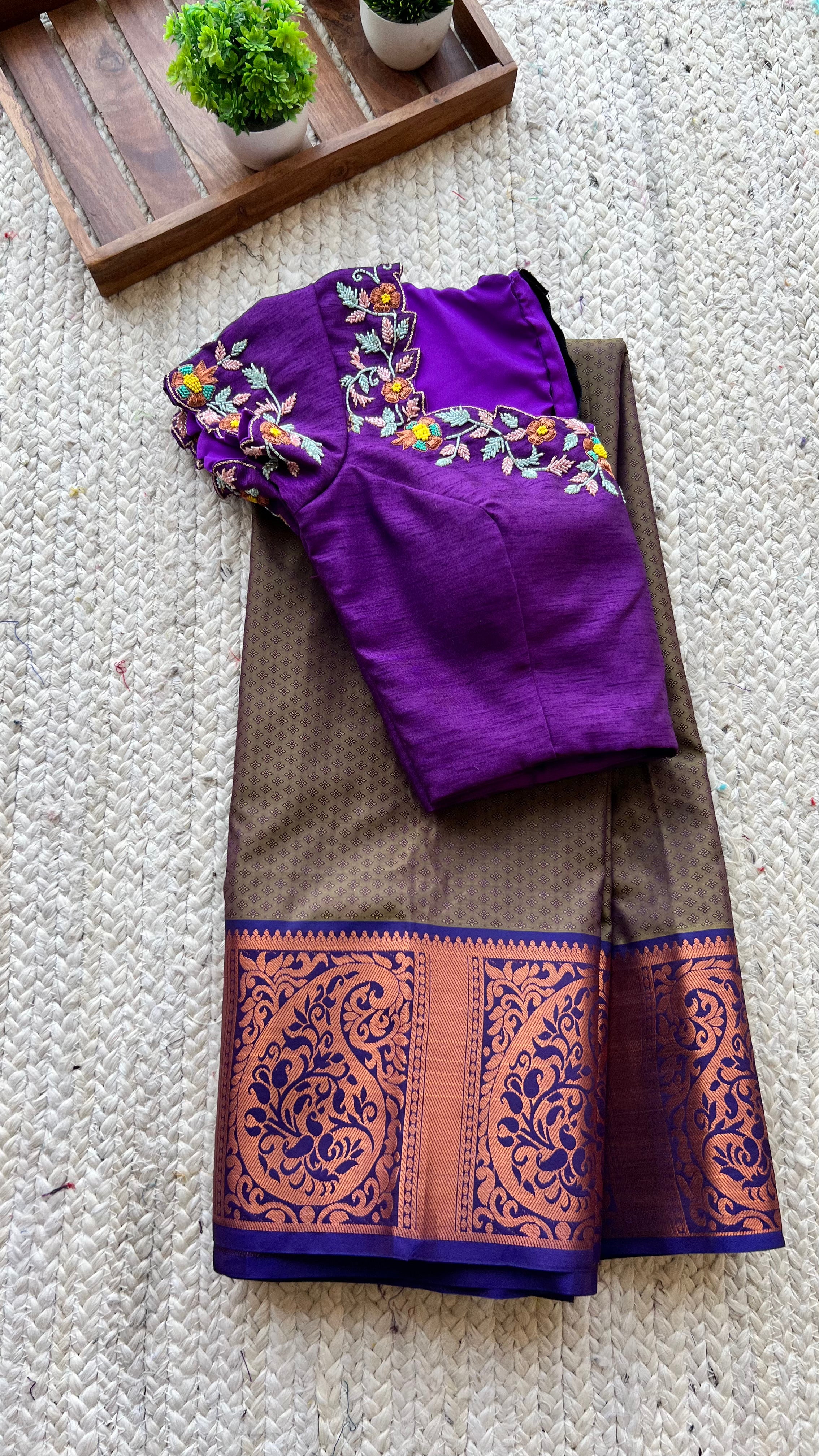 Chocolate brown silk saree with hand worked blouse