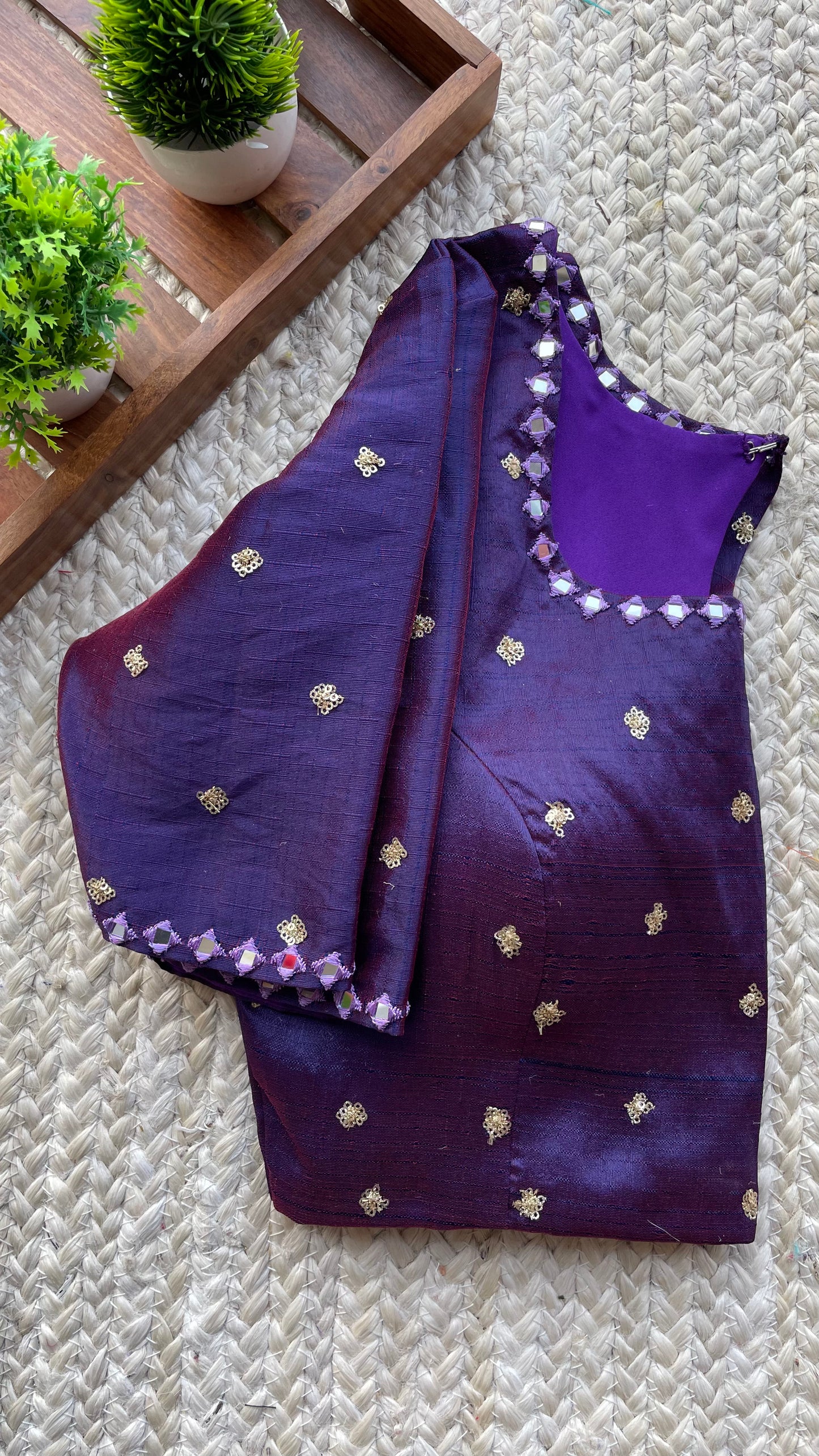 Deep purple silk hand made mirror worked blouse